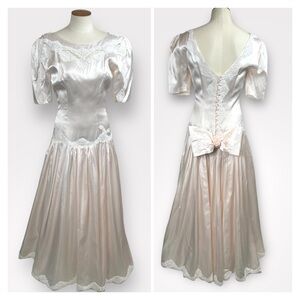 Vintage 80s Pink Satin Prom Gown Drop Waist Lace Large Bow Size Small